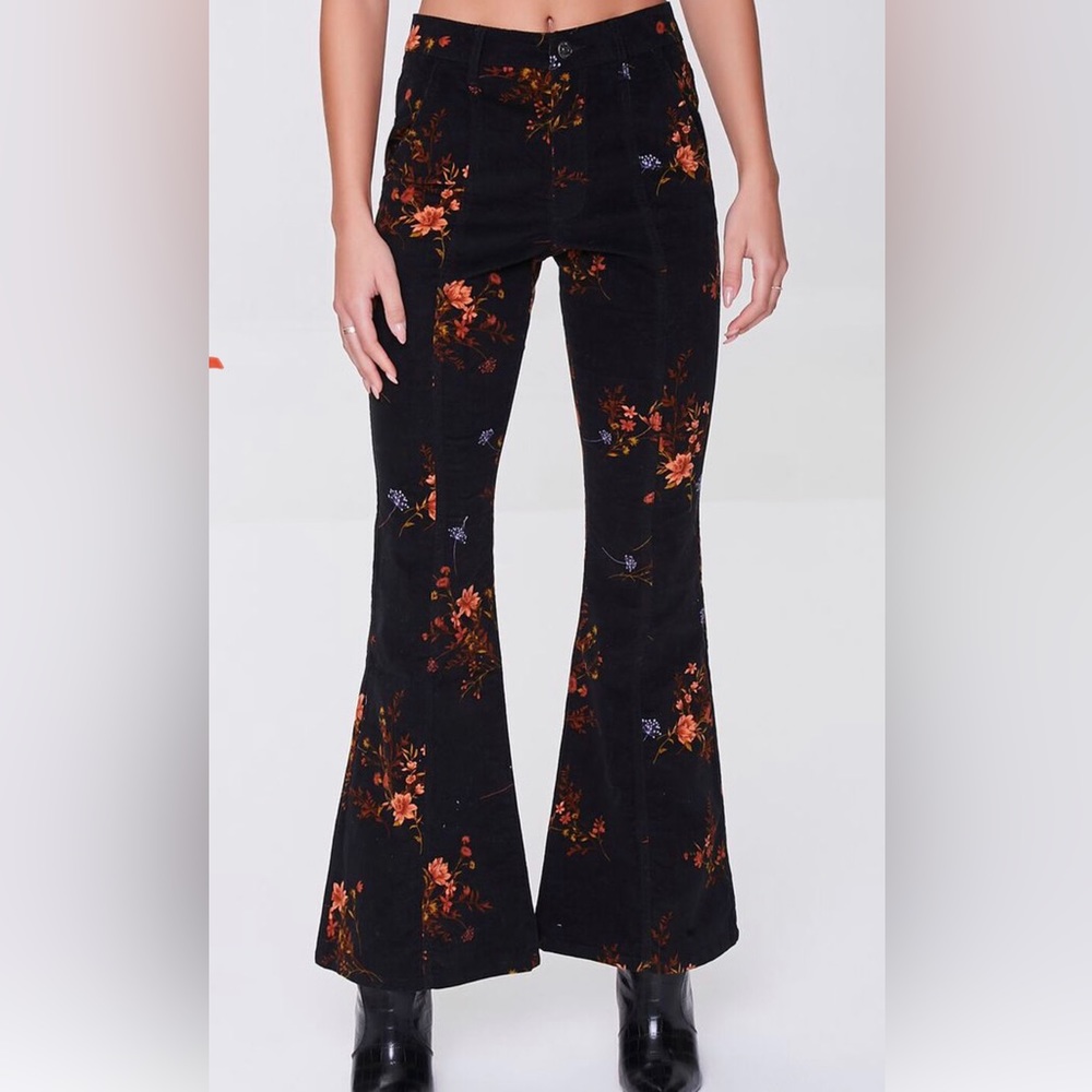 Forever 21 black floral velvet wide leg pants